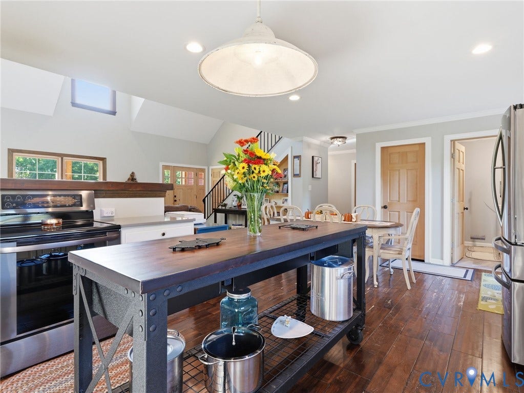 16233 Pleasant Mill Road, Montpelier, VA 23192 Kitchen featuring wood-finish flooring, a metal-framed kitchen island with a wood countertop, recessed lighting, a pendant light fixture, and stainless steel appliances