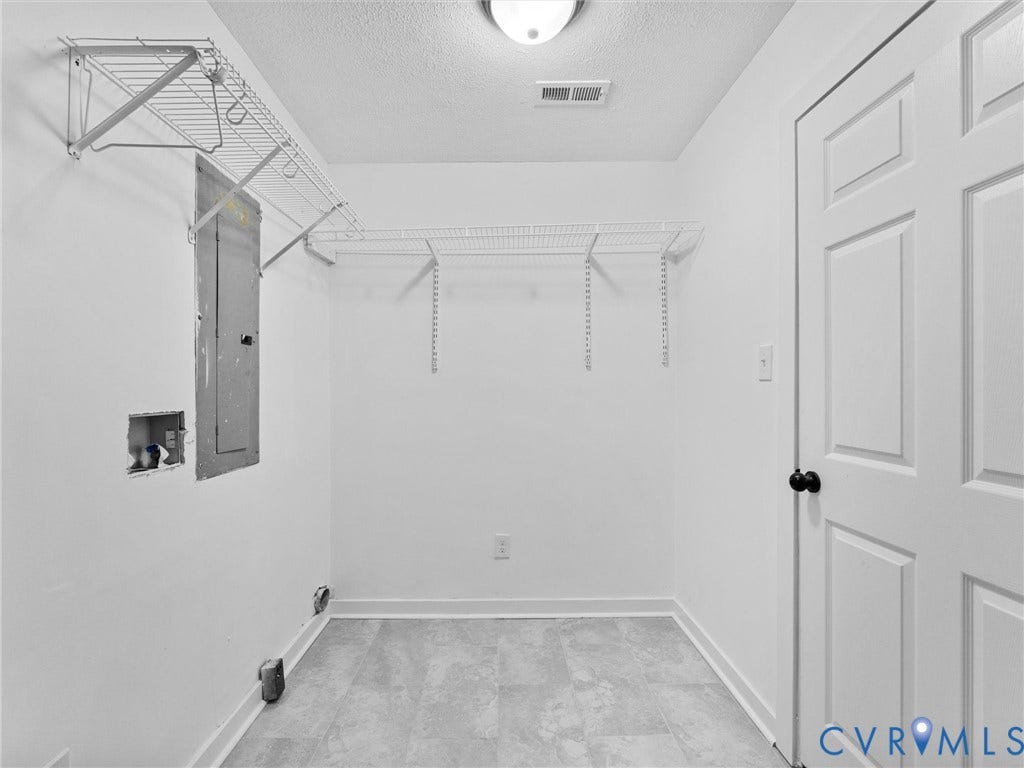 White walls with wire shelving, flush-mount ceiling light, and panel door