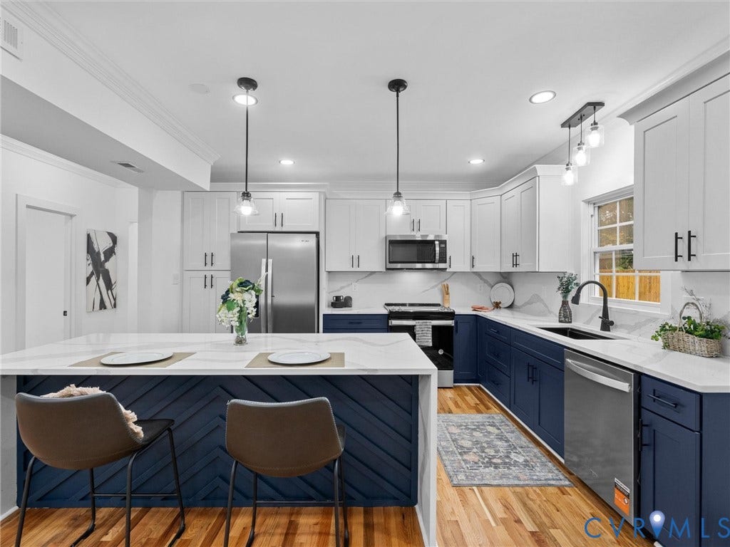 Kitchen featuring a two-tone cabinetry design, stainless steel appliances, white countertops, and wood-finish flooring