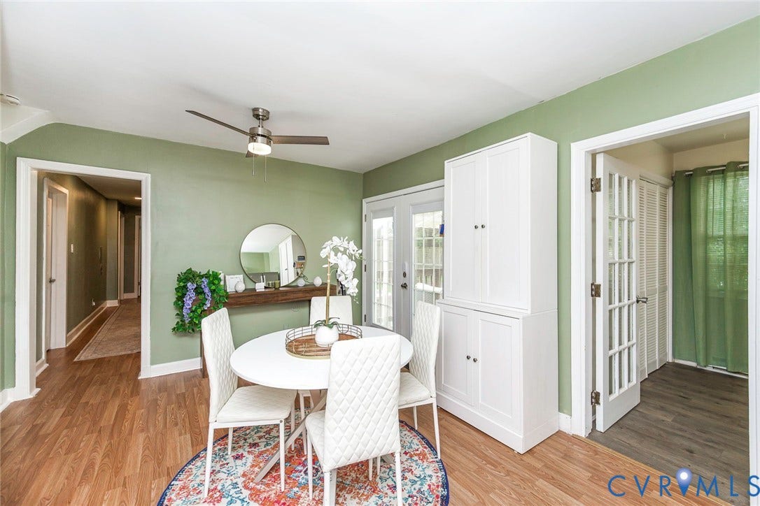 Wood-finish flooring with a ceiling fan with integrated lighting