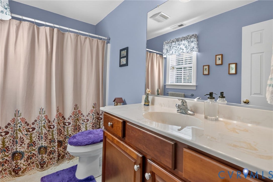 3647 Cedar Plains Road, Sandy Hook, Sandy Hook, VA 23153 Bathroom with a built-in wood-finish vanity, integrated sink, and a large wall-mounted mirror