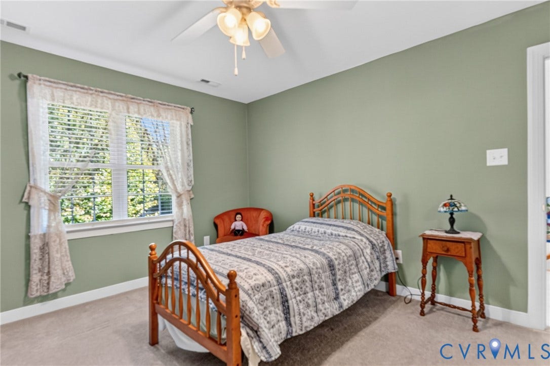 3647 Cedar Plains Road, Sandy Hook, Sandy Hook, VA 23153 Carpeted room with a ceiling fan, a window with blinds, and painted walls