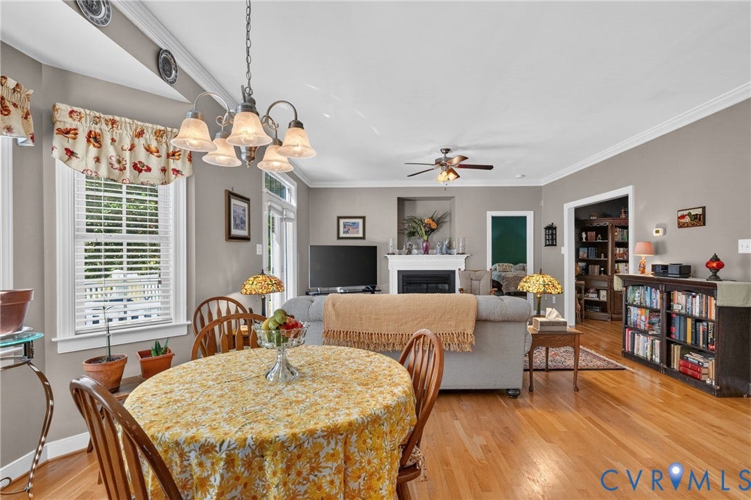 3647 Cedar Plains Road, Sandy Hook, Sandy Hook, VA 23153 Hardwood flooring throughout, crown molding, built-in shelving, fireplace with mantel, and recessed lighting
