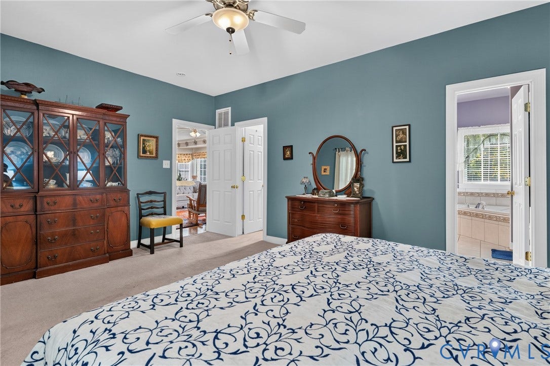 3647 Cedar Plains Road, Sandy Hook, Sandy Hook, VA 23153 Carpeted flooring, ceiling fan with integrated lighting, and multiple doorways