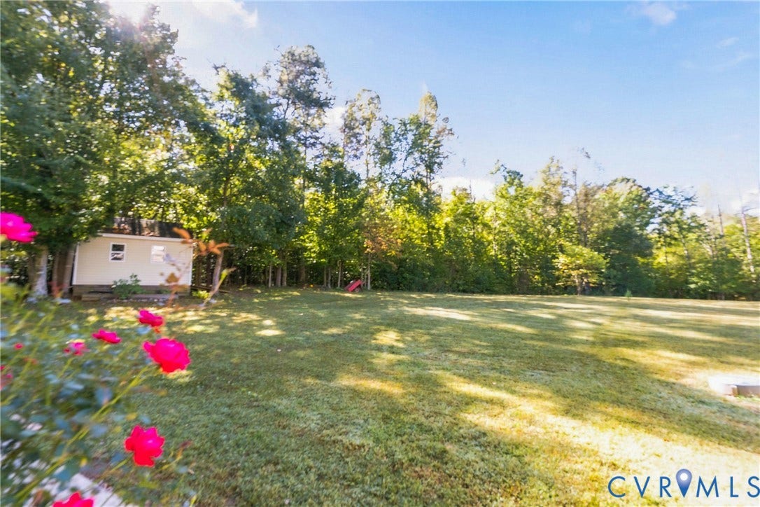 3647 Cedar Plains Road, Sandy Hook, Sandy Hook, VA 23153 Expansive grassy lawn bordered by mature trees and a detached shed structure