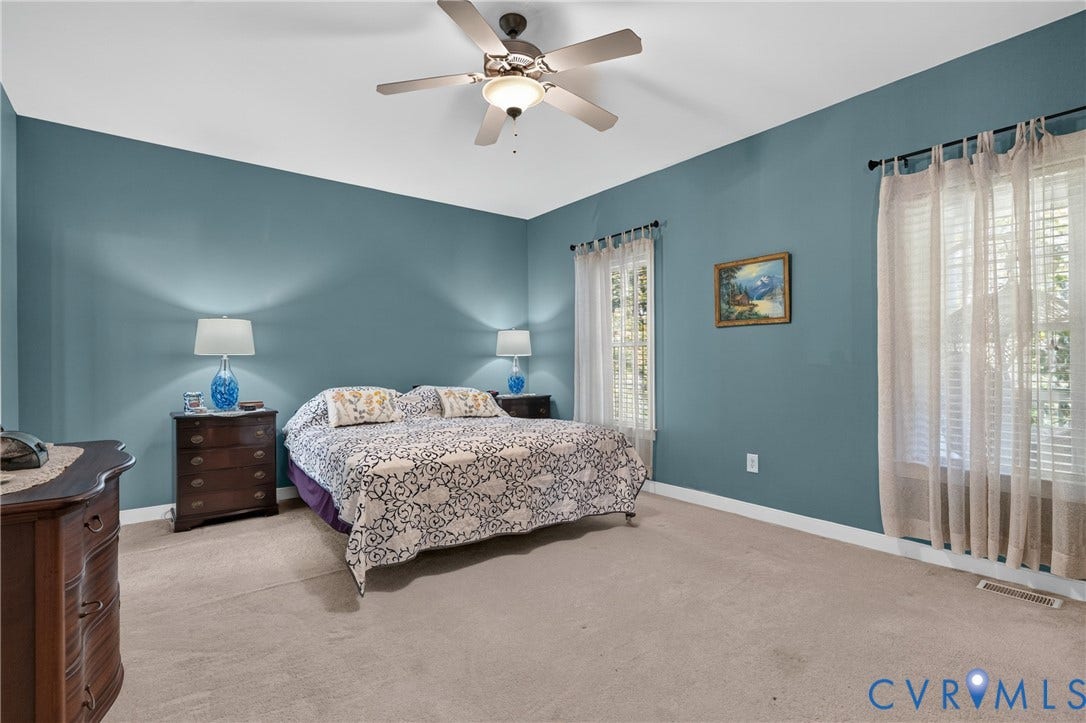 3647 Cedar Plains Road, Sandy Hook, Sandy Hook, VA 23153 Recessed lighting, ceiling fan, carpeting, and two windows with blinds