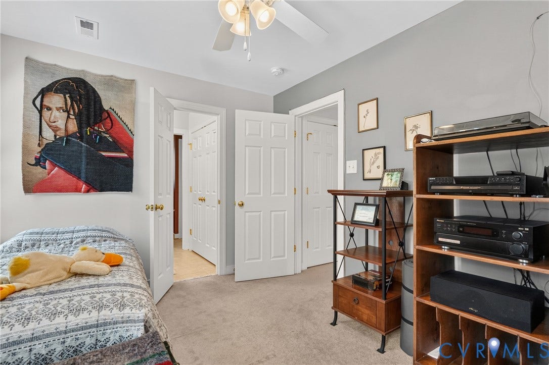 3647 Cedar Plains Road, Sandy Hook, Sandy Hook, VA 23153 Recessed lighting, ceiling fan light fixture, light gray wall color, neutral tone carpeting, and white interior doors