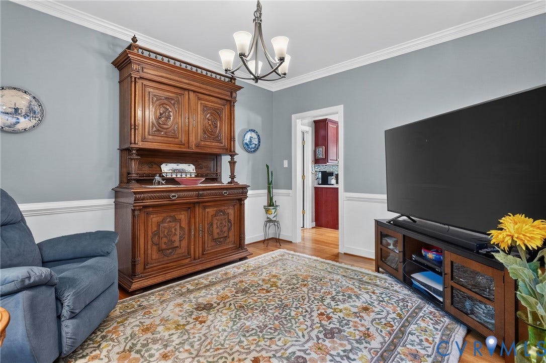 3647 Cedar Plains Road, Sandy Hook, Sandy Hook, VA 23153 Crown molding, chair rail molding, and hardwood flooring