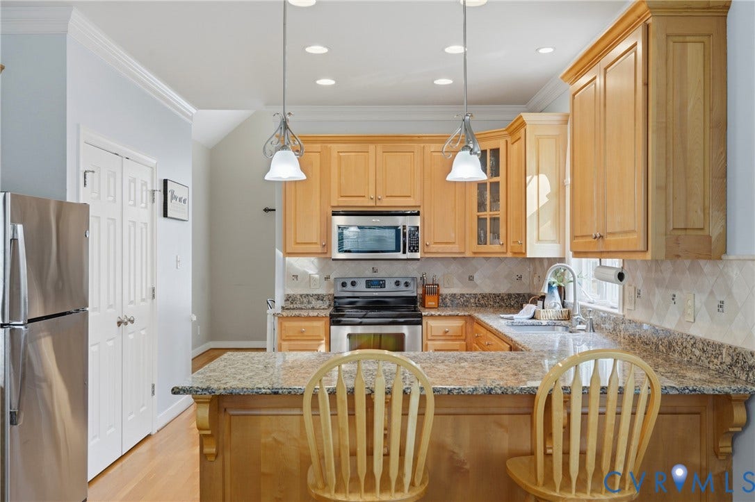 11813 Longfellow Drive, Bayhill Pointe, Midlothian, VA 23112 Kitchen featuring light wood cabinetry, stone countertops, stainless steel appliances, a diamond-pattern tile backsplash, and dual pendant lighting