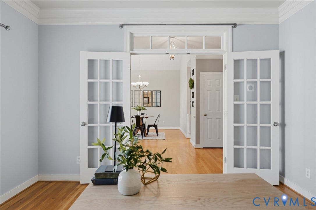 11813 Longfellow Drive, Bayhill Pointe, Midlothian, VA 23112 Double French doors with a multi-pane transom window, wood-finish flooring, and crown molding