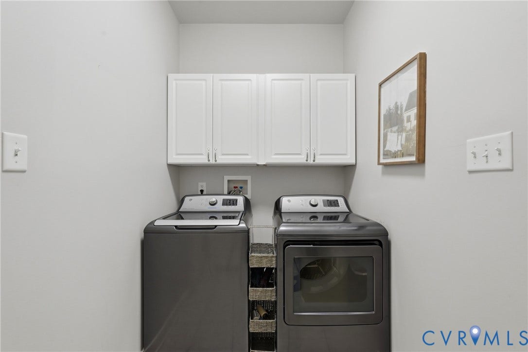11813 Longfellow Drive, Bayhill Pointe, Midlothian, VA 23112 Laundry area featuring white shaker-style wall cabinetry and dedicated appliance hookups