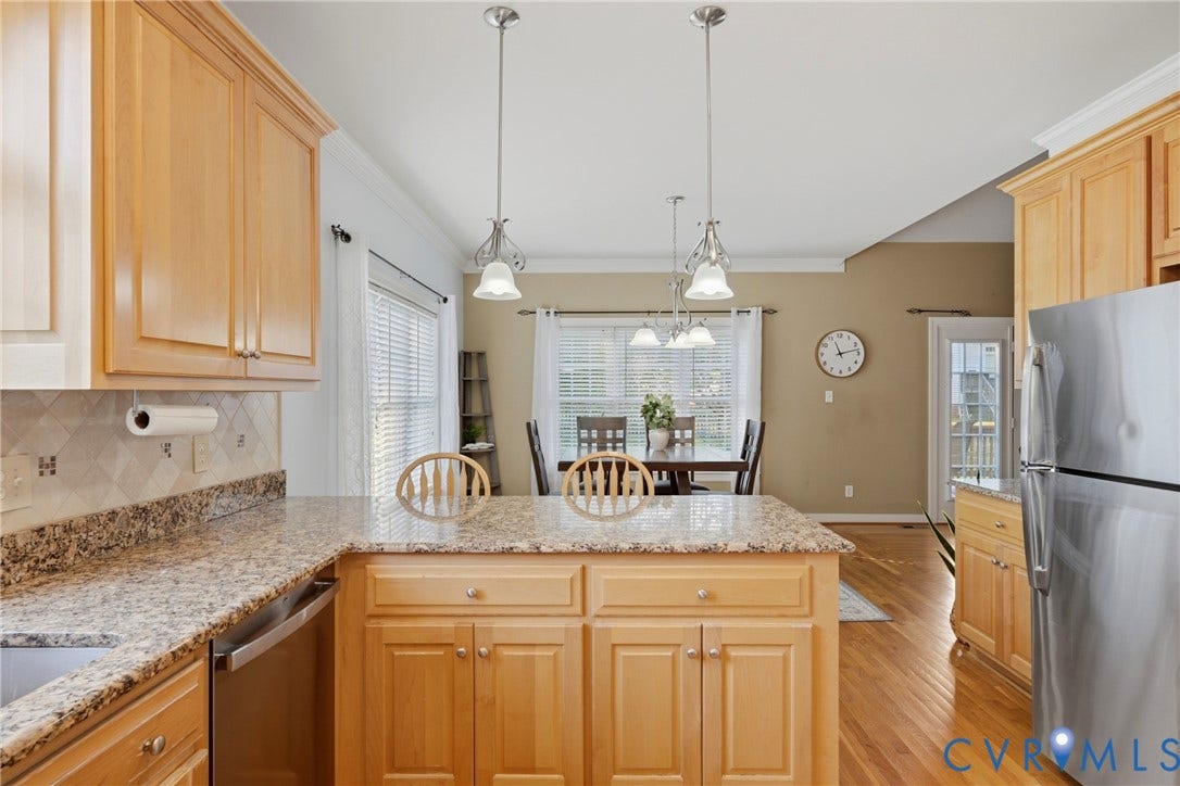 11813 Longfellow Drive, Bayhill Pointe, Midlothian, VA 23112 Kitchen featuring shaker-style cabinetry, stone countertops, stainless steel refrigerator, hanging pendant lighting, and wood-finish flooring