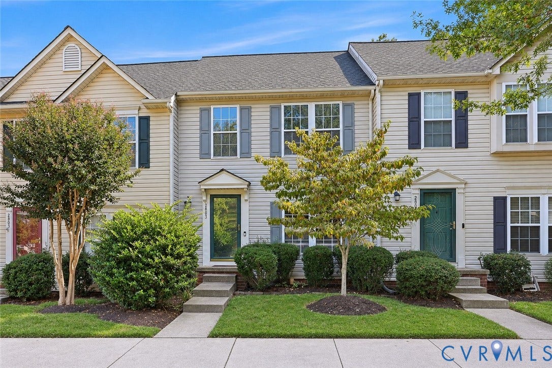 2803 Queensland Drive, #2803, Pemberton Oaks, Glen Allen, VA 23294 Multi-level exterior featuring horizontal siding, asphalt shingle roofing, decorative window shutters, and landscaped front lawn with concrete walkways