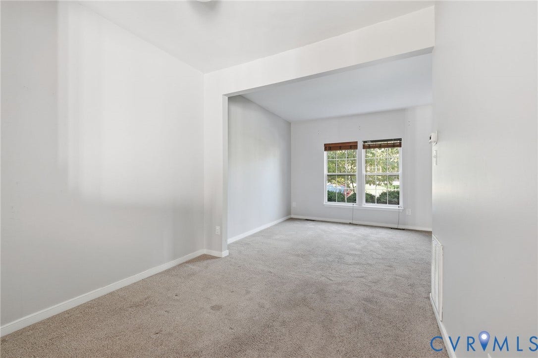 2803 Queensland Drive, #2803, Pemberton Oaks, Glen Allen, VA 23294 Neutral-toned interior featuring wall-to-wall carpeting, wide archway entry, and dual windows with grid-pattern muntins