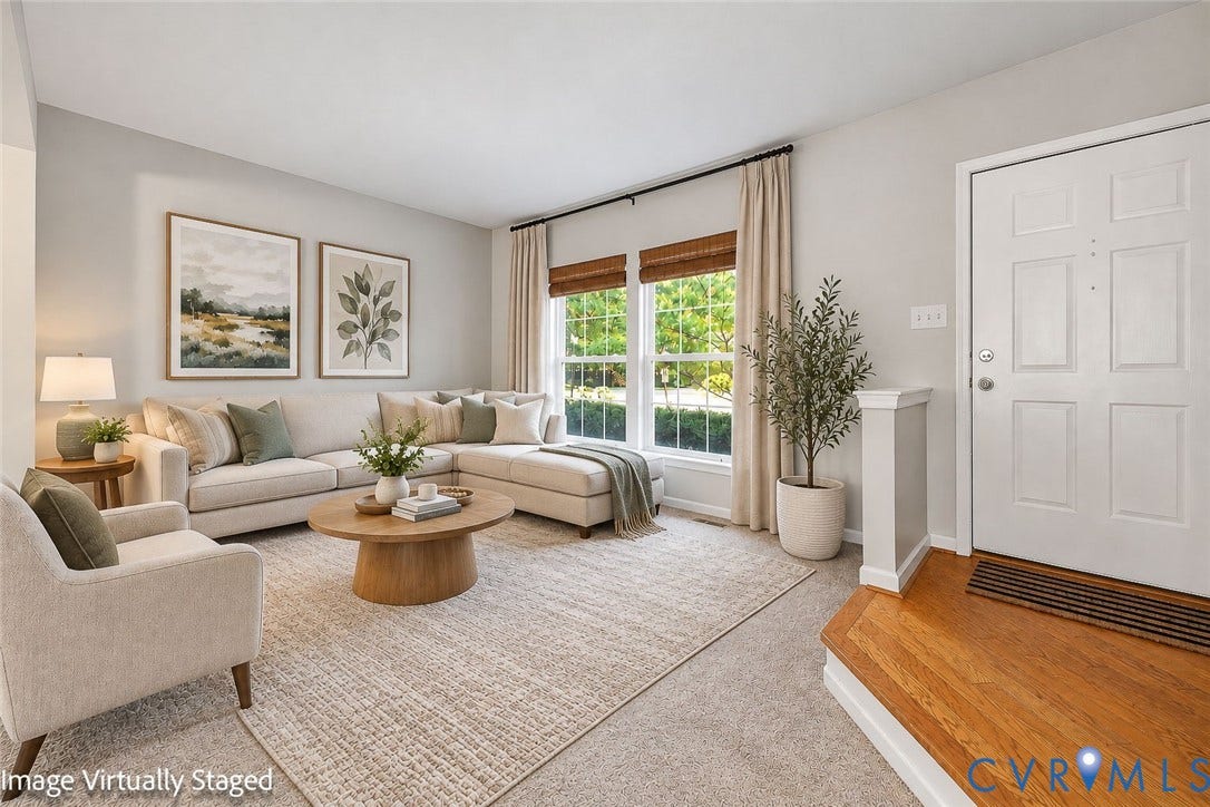 2803 Queensland Drive, #2803, Pemberton Oaks, Glen Allen, VA 23294 Living area featuring neutral wall paint, expansive windows, and a raised entry platform with hardwood flooring