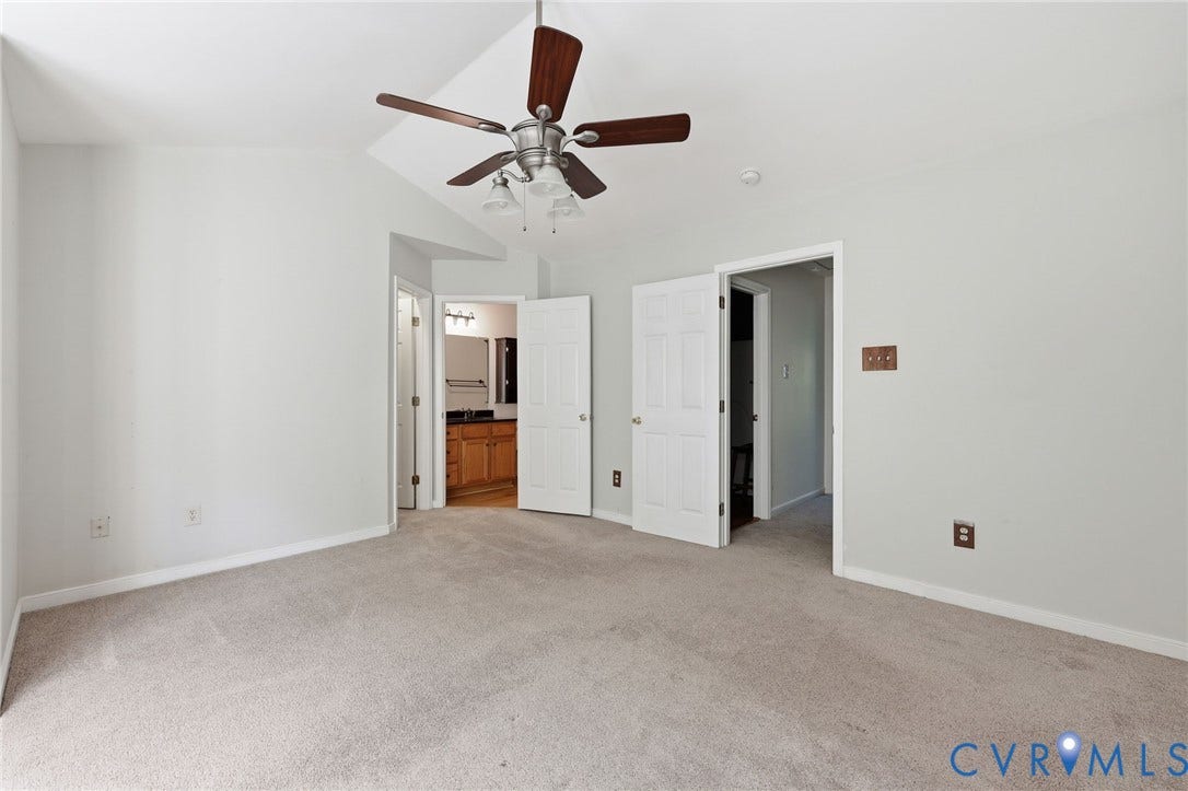 2803 Queensland Drive, #2803, Pemberton Oaks, Glen Allen, VA 23294 Vaulted ceiling with a five-blade ceiling fan, wall-to-wall carpeting, and six-panel interior doors