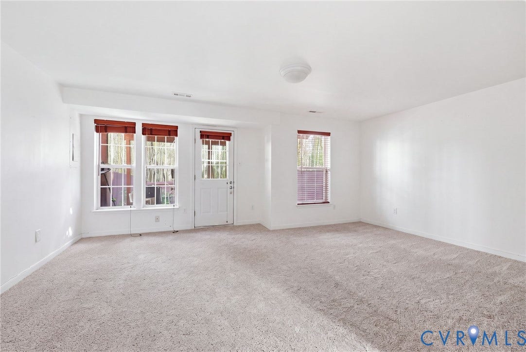 2803 Queensland Drive, #2803, Pemberton Oaks, Glen Allen, VA 23294 Neutral-toned carpeting, high-gloss white walls, and triple multi-lite windows with exterior glass door access
