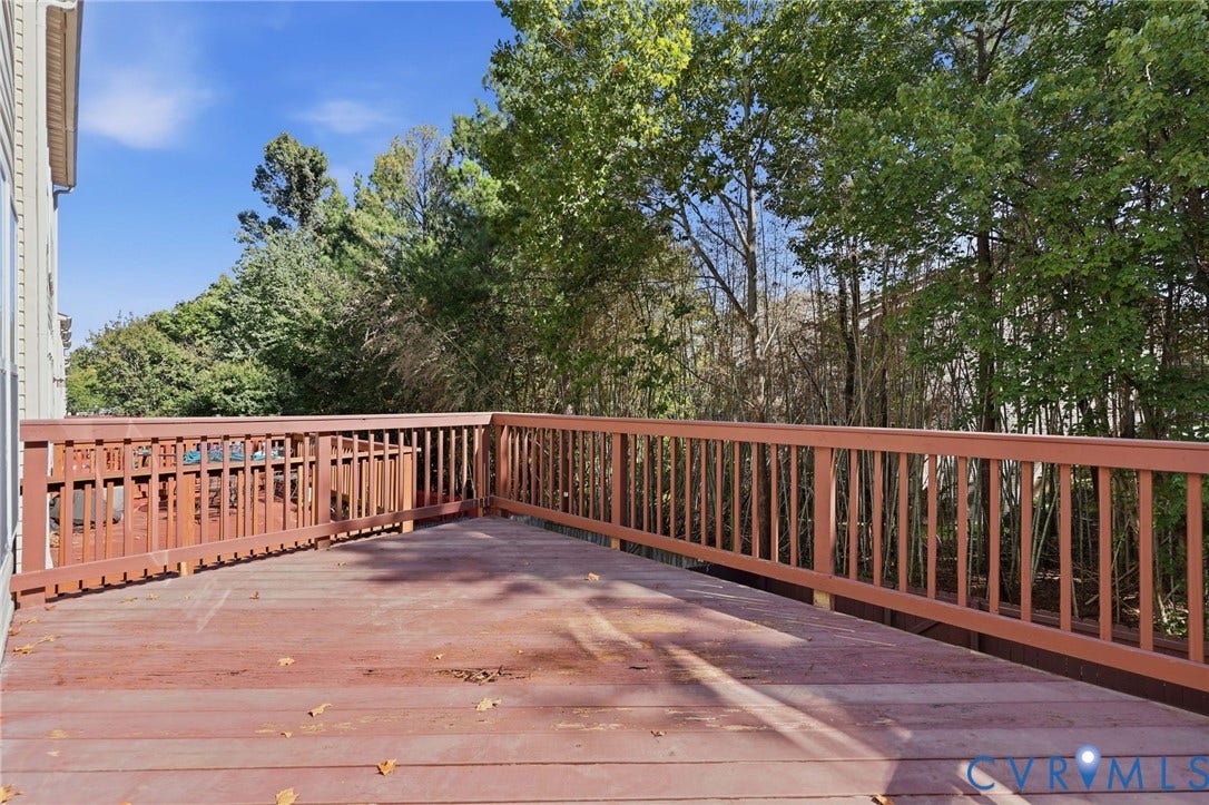 2803 Queensland Drive, #2803, Pemberton Oaks, Glen Allen, VA 23294 Elevated wood deck featuring vertical slat railings and mature tree canopy backdrop