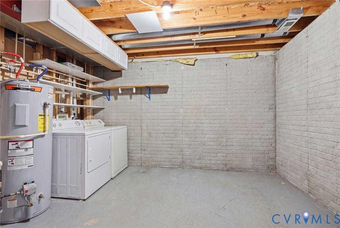 2803 Queensland Drive, #2803, Pemberton Oaks, Glen Allen, VA 23294 Utility area featuring painted masonry walls, exposed wood ceiling joists, wall-mounted shelving, and concrete flooring
