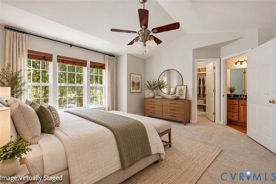 2803 Queensland Drive, #2803, Pemberton Oaks, Glen Allen, VA 23294 Vaulted ceilings featuring a multi-blade ceiling fan, expansive grid windows, wall-to-wall carpeting, and a reach-in closet with built-in shelving
