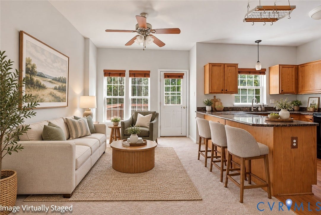 2803 Queensland Drive, #2803, Pemberton Oaks, Glen Allen, VA 23294 Kitchen featuring a peninsula with countertop seating, wood cabinetry, stone-finish countertops, natural lighting from multi-pane windows, and a ceiling fan