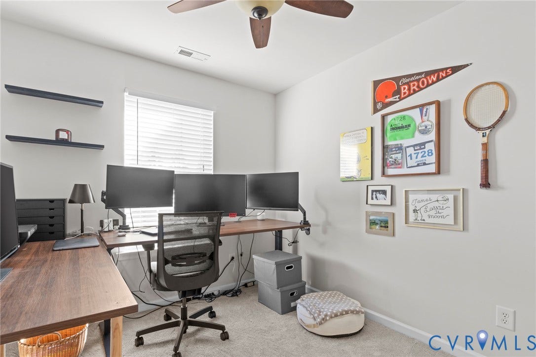 8061 Belton Circle, Hanover, VA 23116 Wall-to-wall carpeting, ceiling fan with light fixture, window with horizontal blinds, and floating wall shelves