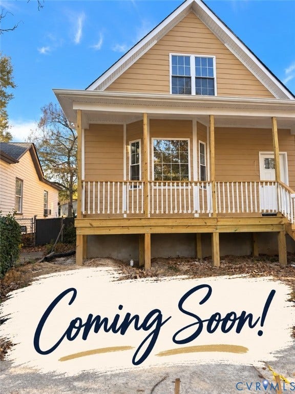 3303 Decatur Street, Richmond, VA 23224 Exterior featuring natural tone siding, white trim, a covered porch with white railing, and multiple windows