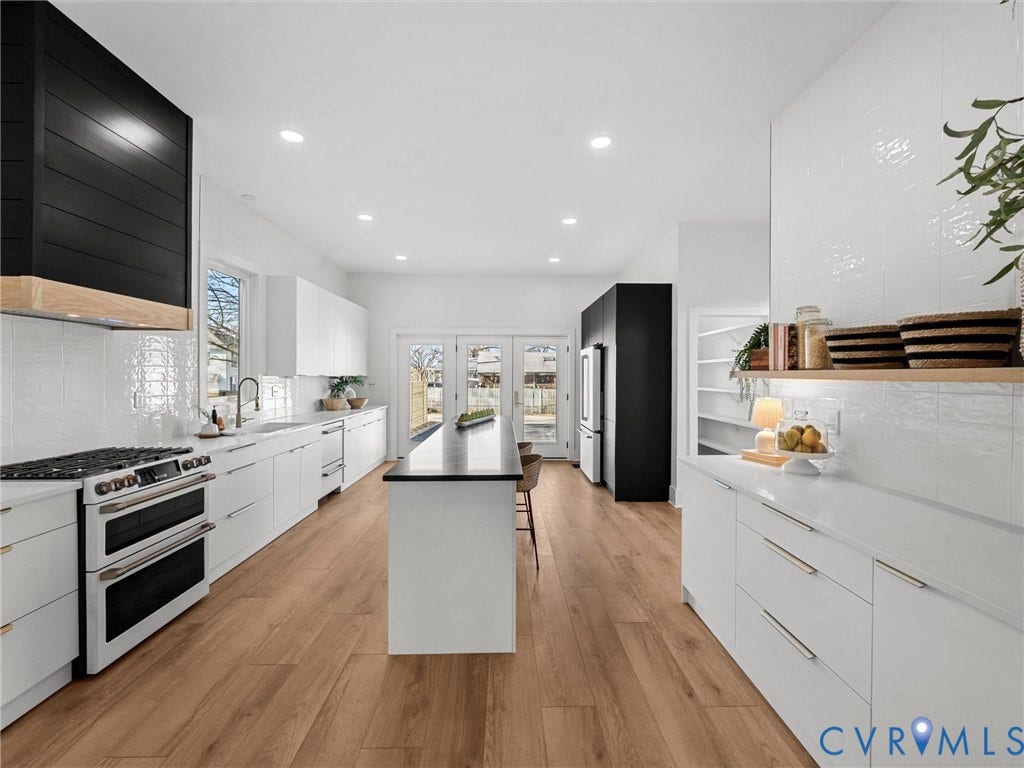 2202 3rd Avenue, Northside, Richmond, VA 23222 Spacious kitchen featuring wood-finish flooring, white cabinetry, a large central island, a dual-oven range, and French doors leading to exterior
