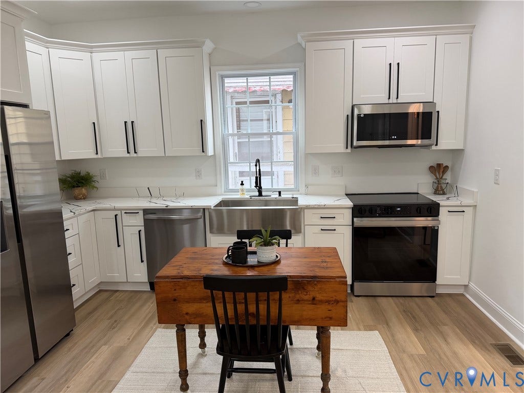 2311 T Street, Richmond, VA 23223 Kitchen featuring white white cabinetry, quartz countertops, vinyl flooring, and stainless steel appliance package and sink.