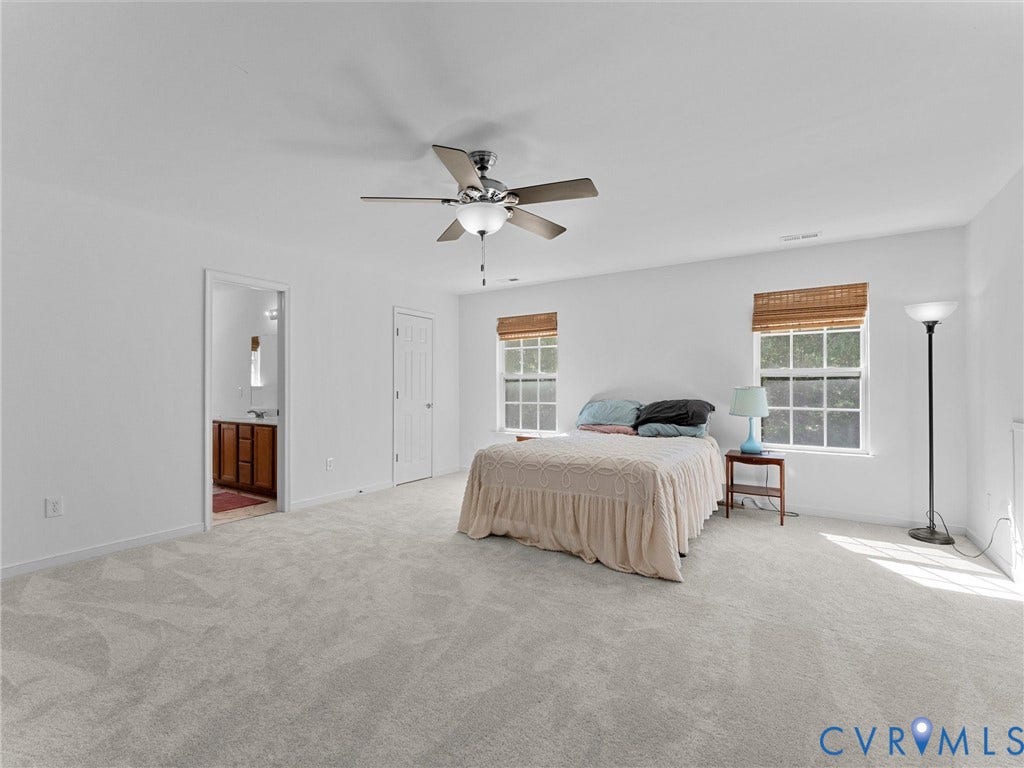 Spacious room with light gray carpet flooring, two large windows, a ceiling fan with integrated lighting, and a closet with a white panel door
