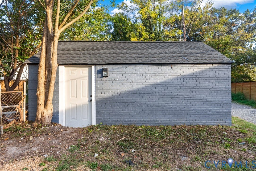 2606 Hawthorne Avenue, Richmond, VA 23222 Detached structure featuring a painted brick exterior, asphalt shingle roof, and a panel-style door with a wall-mounted light fixture