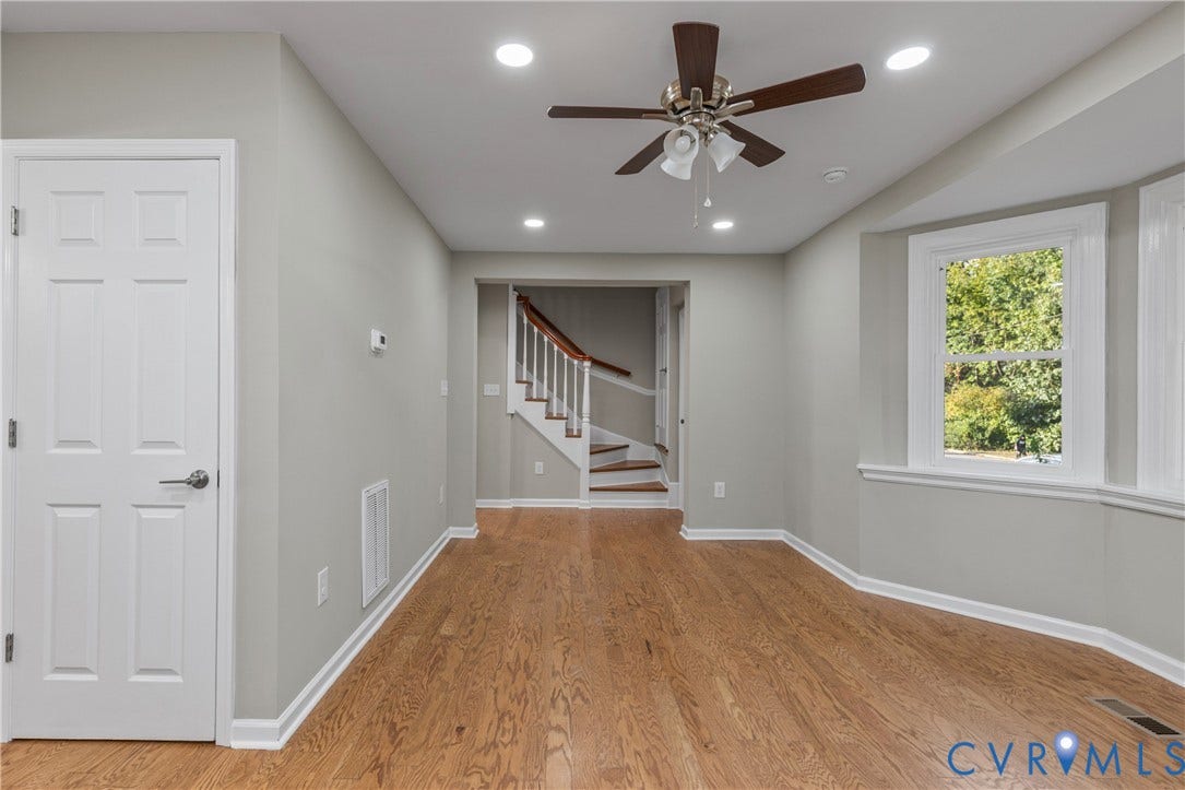 2606 Hawthorne Avenue, Richmond, VA 23222 Hardwood-finish flooring, recessed lighting, ceiling fan, and white trim accents