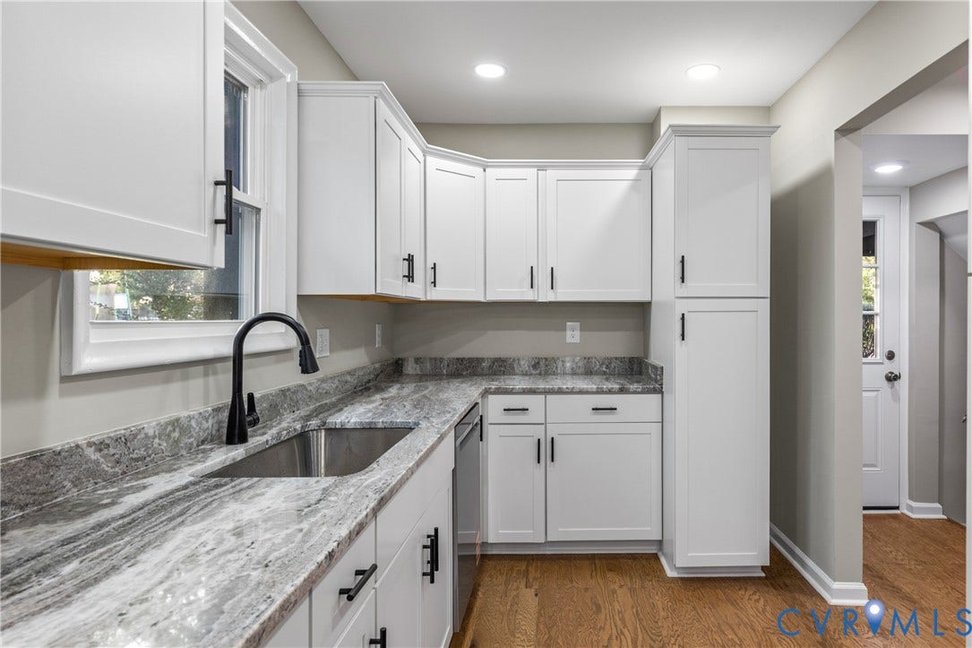 2606 Hawthorne Avenue, Richmond, VA 23222 Kitchen featuring white shaker-style cabinetry, a stainless steel undermount sink, a matte black pull-down faucet, and light-toned countertops with gray veining