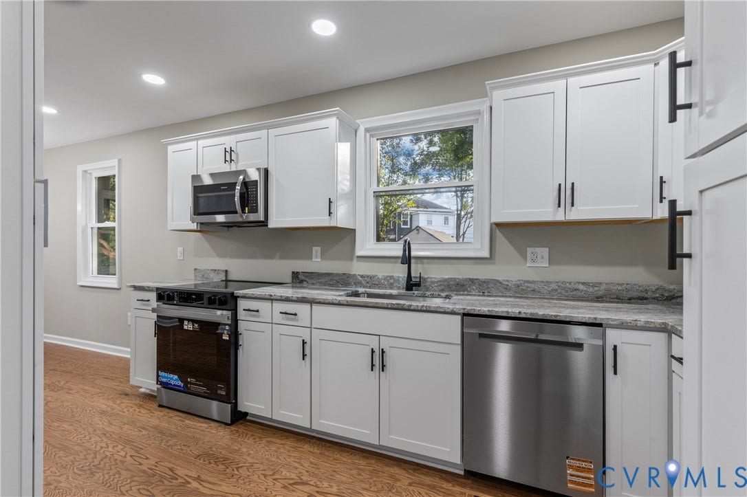 2606 Hawthorne Avenue, Richmond, VA 23222 Kitchen featuring white cabinetry, stone countertops, stainless steel appliances, and wood-finish flooring