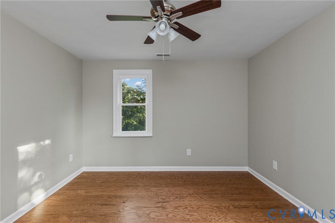2606 Hawthorne Avenue, Richmond, VA 23222 Hardwood-finish flooring, single window, overhead ceiling fan with light kit, and light gray wall finish