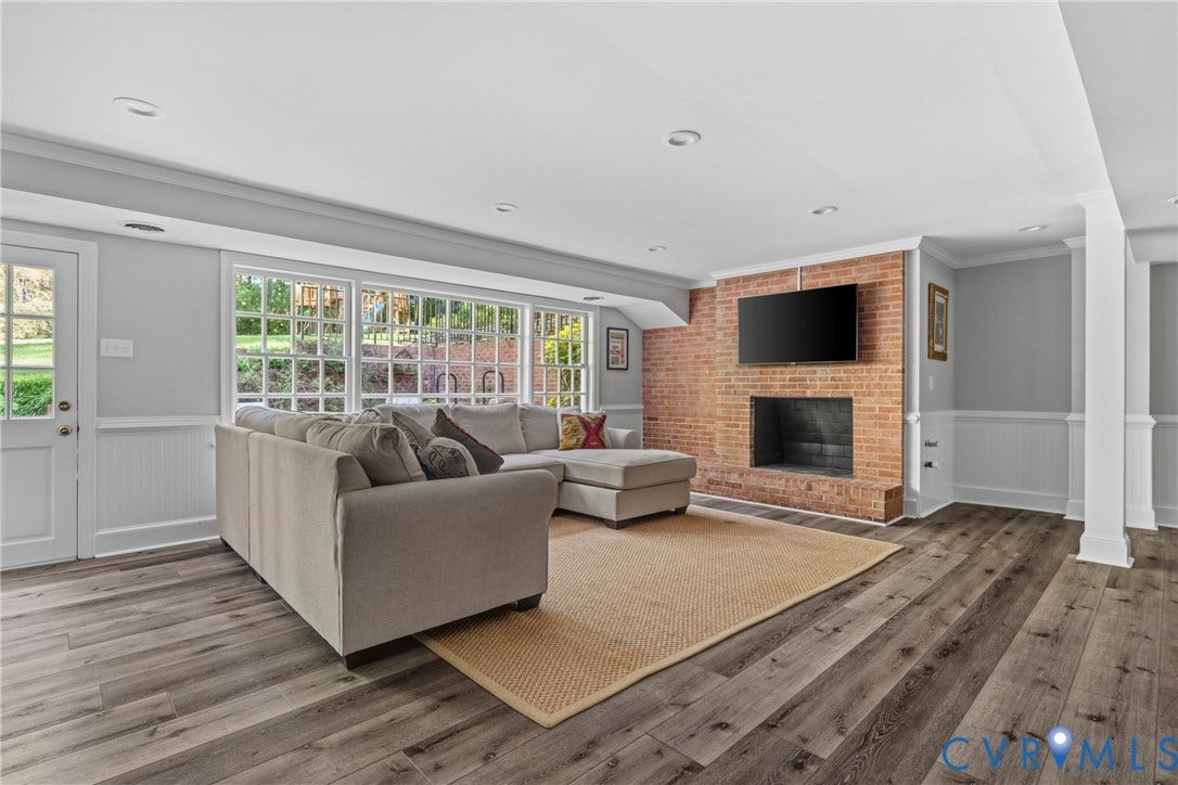 Finished basement with fireplace