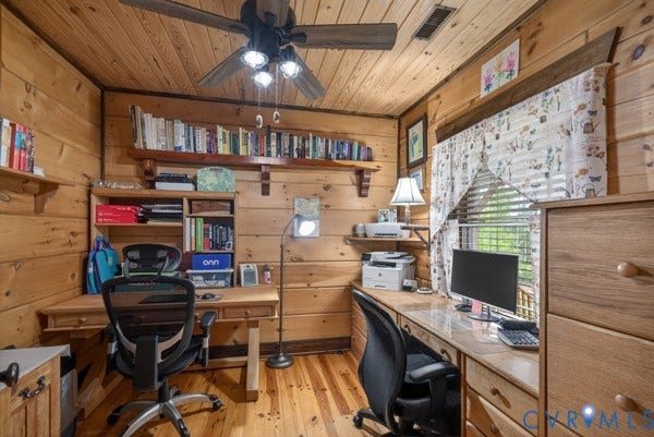 Wood-paneled walls and ceiling with a wooden floor