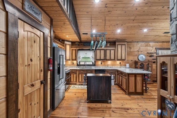 Wood-finish flooring, wood plank walls, and wood plank ceiling