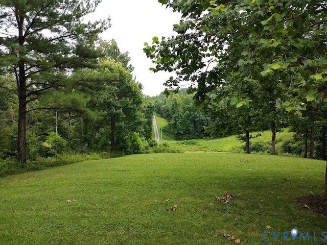 Expansive green lawn surrounded by mature trees