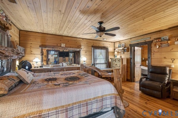 Wood walls and ceiling, wood-finish flooring, built-in ceiling fan