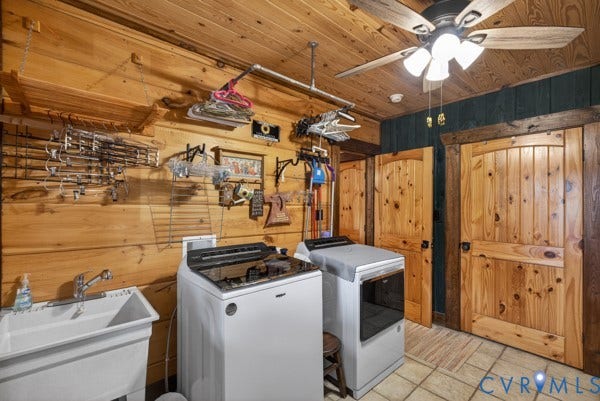 Wood walls and ceiling, two paneled wooden doors, utility sink with chrome faucet, ceiling fan with integrated lighting, and tile flooring