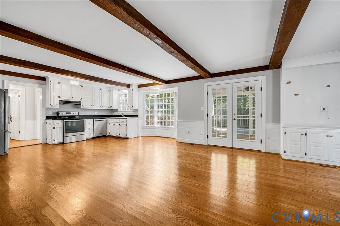 10303 Silverbrook Drive, Henrico, VA 23233 Hardwood flooring, exposed ceiling beams, white cabinetry, stainless steel appliances, and built-in storage