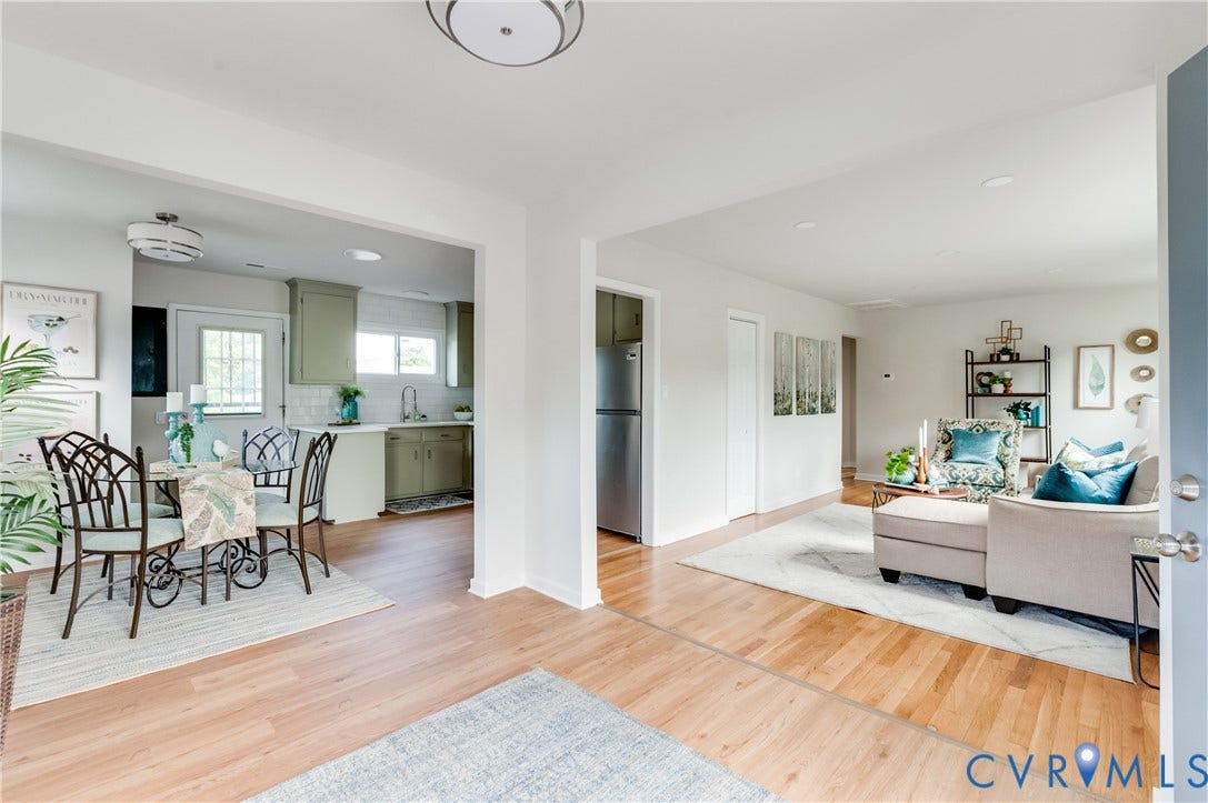 8010 Callison Drive, Glen Allen, VA 23060 Wood-finish flooring throughout, with a kitchen featuring sage green cabinetry, white subway tile backsplash, stainless steel appliances, and a built-in stainless steel sink