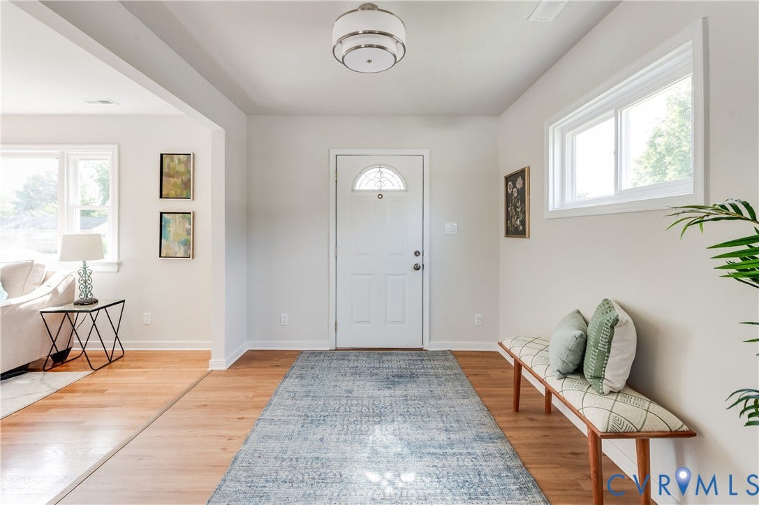 8010 Callison Drive, Glen Allen, VA 23060 White paneled front door with a decorative transom window, wood-finish flooring, and a contemporary flush mount ceiling light
