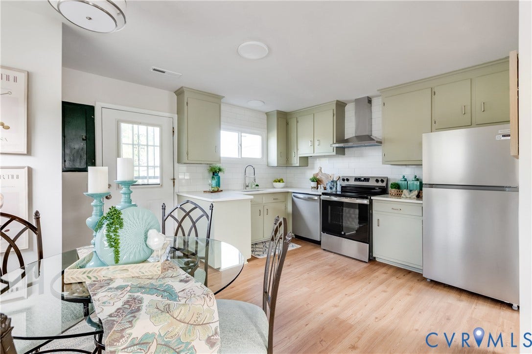 8010 Callison Drive, Glen Allen, VA 23060 Kitchen featuring wood-finish flooring, light-toned cabinetry, stainless steel appliances, white subway tile backsplash, and a white countertop