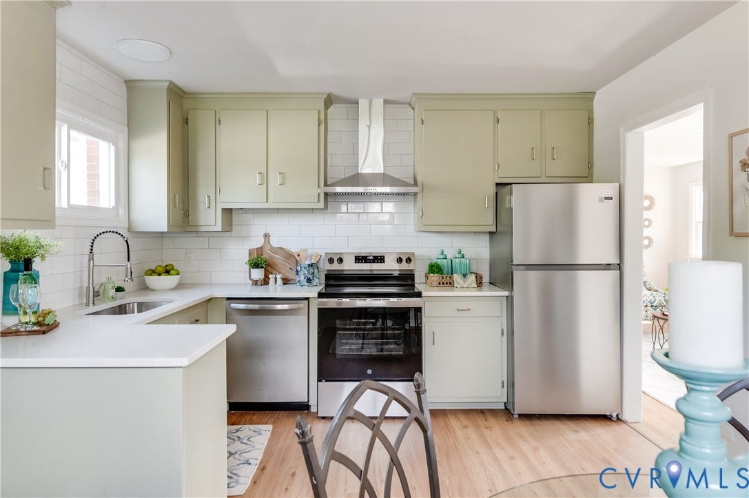 8010 Callison Drive, Glen Allen, VA 23060 Kitchen featuring light-toned cabinetry, stainless steel appliances, a white subway tile backsplash, light-toned countertops, and wood-finish flooring