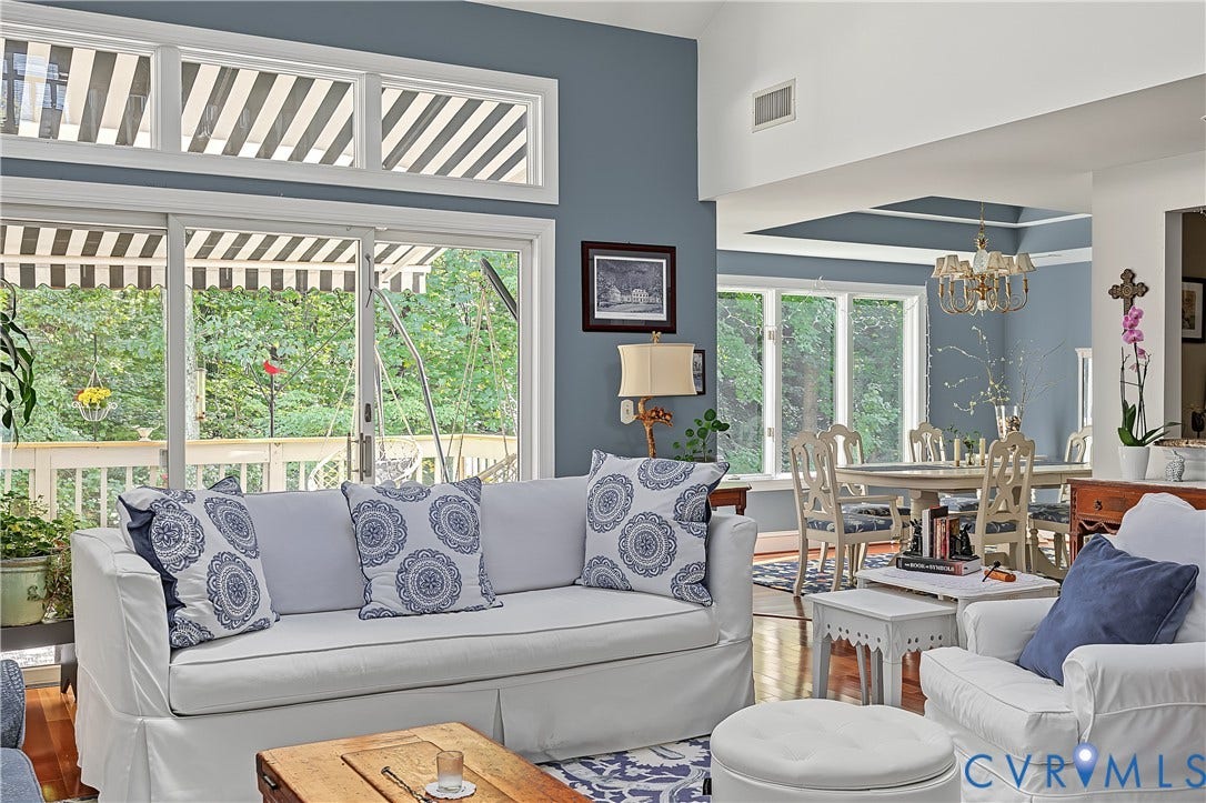 3131 Stony Point Road, #B, Richmond, VA 23235 Expansive windows with transom accents, vaulted ceiling, wood-finish flooring, and a large outdoor deck