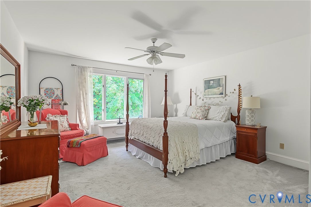3131 Stony Point Road, #B, Richmond, VA 23235 Recessed lighting, ceiling fan, carpet flooring, and a large window