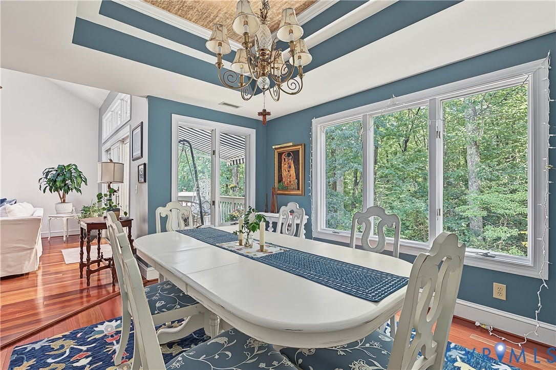 3131 Stony Point Road, #B, Richmond, VA 23235 Tray ceiling with an ornate chandelier, rich wood-finish flooring, and expansive windows