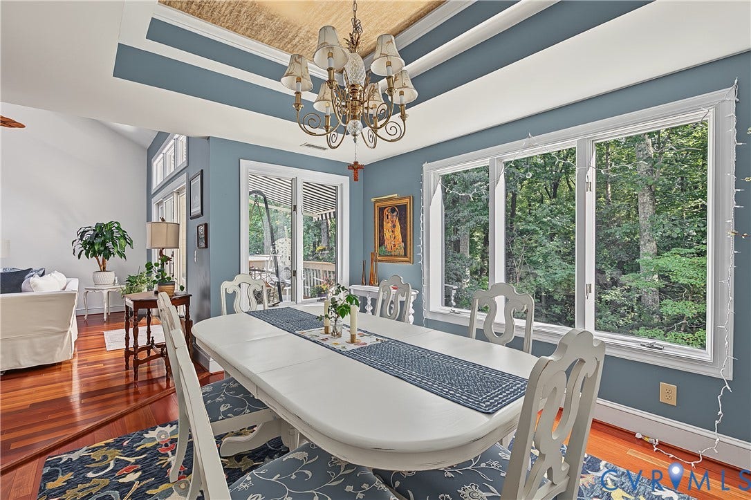 3131 Stony Point Road, #B, Richmond, VA 23235 Vaulted ceiling with decorative paneling, wood-finish flooring, multiple large windows, and a sliding glass door